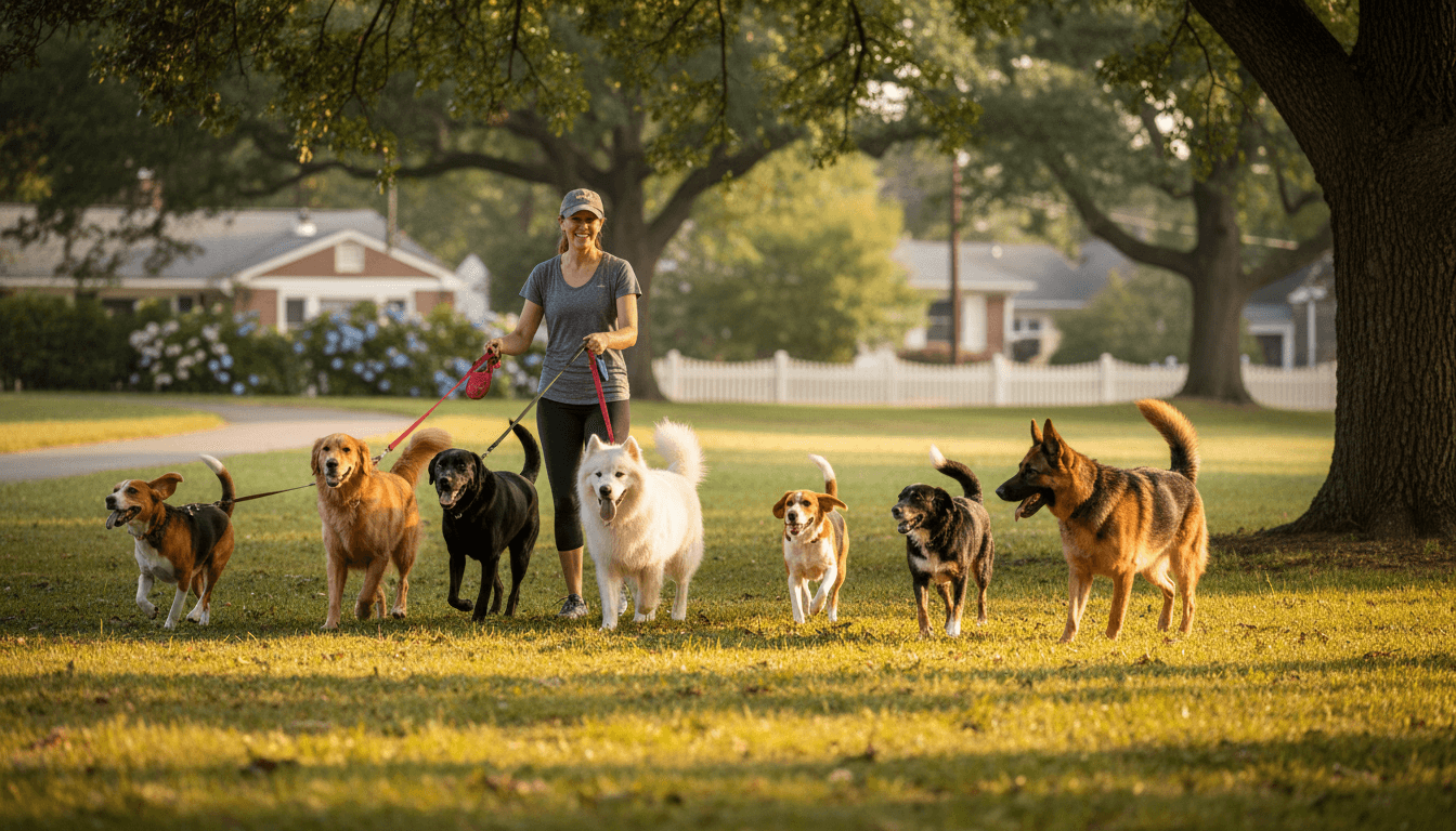 Handler leading small group of dogs on a leashed walk through a neighborhood street in East Vancouver
